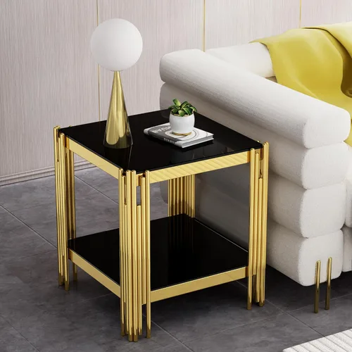 Miniatura 16 de Mesa auxiliar rectangular de vidrio de 48 pulgadas, mesa de centro de 2 niveles con parte superior de vidrio templado negro, patas de acero