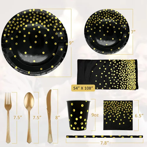 Miniatura 5 de Suministros desechables para fiestas, juego de vajilla de 60 piezas negro y dorado que incluye platos de 7/9 pulgadas, servilletas, mantel, vasos