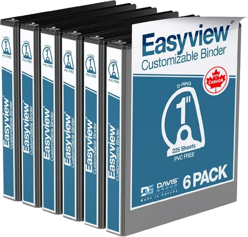 Easyview - Carpetas prémium de 3 anillas con cubiertas transparentes y anillos en D, carpetas para escuela u oficina, 1 pulgada, paquete de 6, color