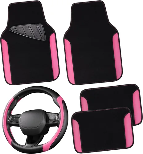 Miniatura 16 de CAR PASS Funda para volante de cuero sintético y alfombrillas impermeables para auto, combo universal para el 95 % de sedanes, SUV, vehículos, Rojo