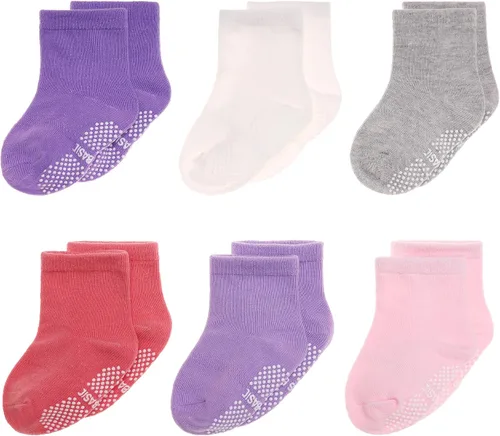 Miniatura 14 de Calcetines con Agarre Antideslizante para Niños Pequeños Calcetines de Tripulación de Algodón Anti Resbalón para Bebés Niños y Niñas 12 Pares