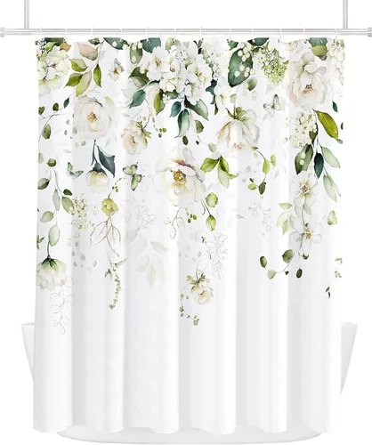 Miniatura 4 de Tititex Blomming - Cortina de ducha floral blanca brillante, hojas verdes acuarela en la parte superior, decoración de baño de planta