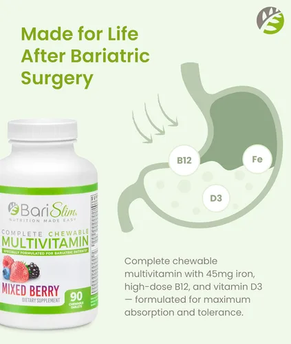 Miniatura 4 de BariSlim Tabletas multivitamínicas bariátricas masticables completas, 45 mg de hierro, vitamina bariátrica y suplemento para cirugía posbariátrica