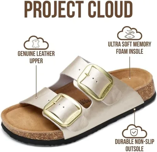 Miniatura 2 de Project Cloud - Sandalias planas de cuero genuino para mujer, cómodas sandalias esenciales de playa para mujer, de espuma viscoelástica, calzado