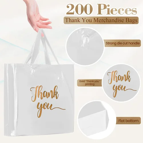 Miniatura 3 de Teling 200 bolsas de agradecimiento con asa a granel, bolsas de mercancía de agradecimiento de 3 tamaños, paquete de plástico para compras al por