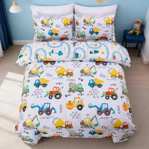 Miniatura 8 de NTBED Juego de edredón individual de 5 piezas con diseño de camión de construcción para niños varones, cama en una bolsa, vehículos excavadora, Azul