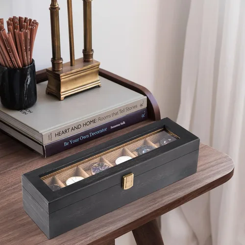 Miniatura 4 de Alsonerbay Caja de reloj con 6 ranuras para hombres y mujeres, organizador de reloj negro, soporte de almacenamiento de madera con cerradura