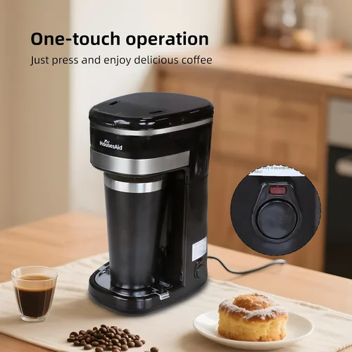 Miniatura 7 de Máquina de Café HousesAid, Cafetera de Porción Individual, Cafetera de Una Taza con Filtro Reutilizable y Botón de Control de Un Toque, Hervidor