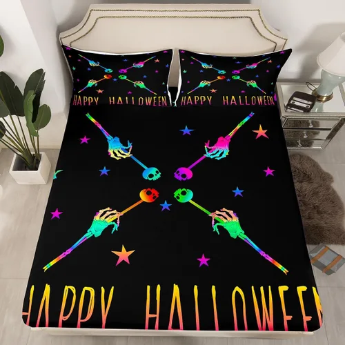 Miniatura 24 de Erosebridal Sábana bajera ajustable de Halloween, diseño de calabaza de dibujos animados, diseño de arco iris para niños, niñas, adolescentes