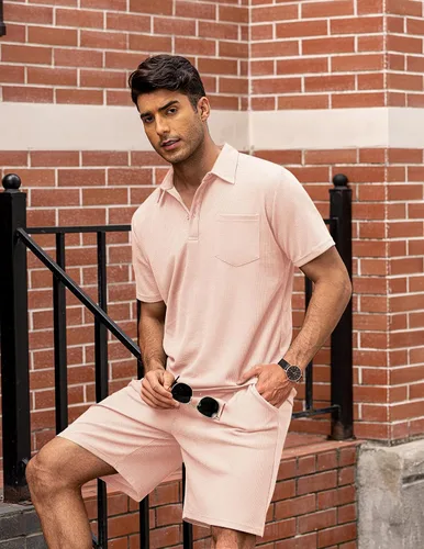 Miniatura 26 de COOFANDY Conjunto de camisa polo y pantalones cortos de punto gofre para hombre, conjunto de 2 piezas, traje de verano casual con bolsillos