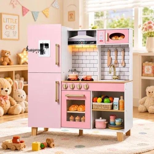 Cocina de juego de madera para niños a partir de 3 años, cocina de juguete de simulación con luces y sonidos reales, estufa, fregadero, microondas y