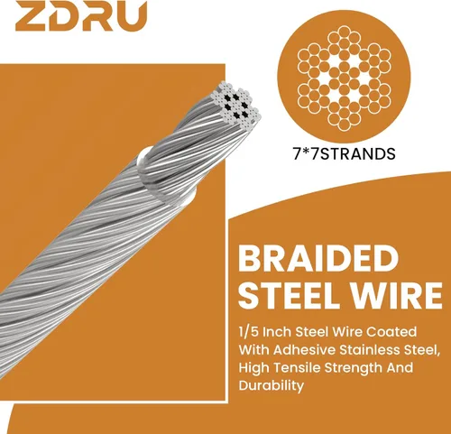Miniatura 4 de 10FT 5mm Stainless Steel Security Cable with Hooks, Steel Coated Braided Double Loop Flexible Wire Rope for Bicycles, Luggage, Gates & Outdoor