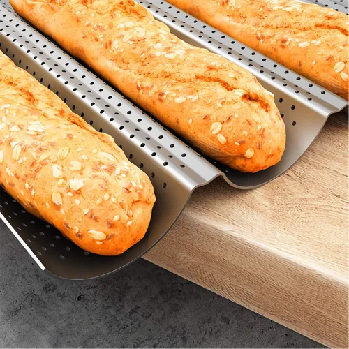 Miniatura 6 de Tiawudi Paquete de 2 Moldes Perforados Antiadherentes para Baguette de 15" x 13" para Hornear Pan Francés 4 Panes Ondulados Molde para Hornear Pan
