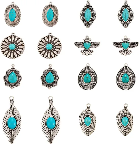 Miniatura 12 de 16 dijes occidentales de 8 estilos para hacer joyas, dijes vintage de turquesa de plata antigua, estilo tibetano, para mujeres y hombres, aretes
