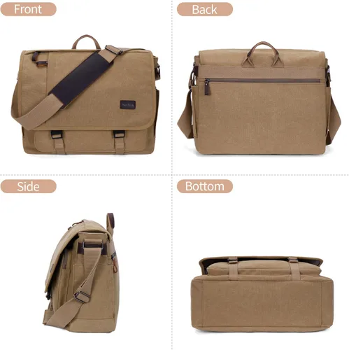 Miniatura 7 de NerIion Bolsa de Mensajero para Hombres de 17-17.3 Pulgadas, Bolsa de Laptop de Lona Resistente al Agua, Bolsa de Hombro, Maletín de Trabajo, Marrón