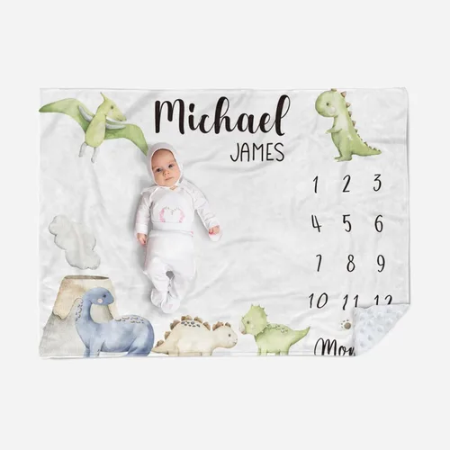Manta de hito mensual personalizada para bebé, nombre personalizado con diseño de dinosaurio, fondo de fotografía, manta de felpa suave con respaldo