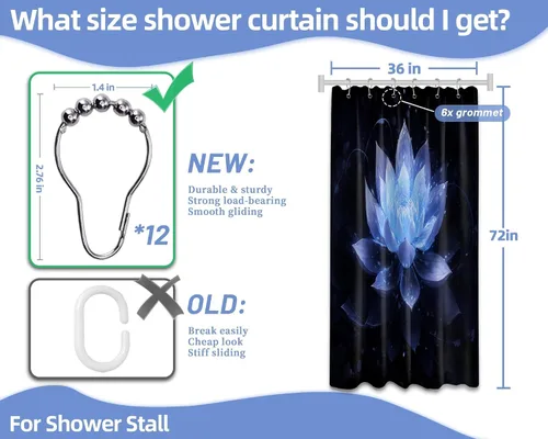 Miniatura 6 de Cortina de ducha con flores de loto negro y azul para decoración de baño, juego de cortinas decorativas de baño con estampado floral, tela