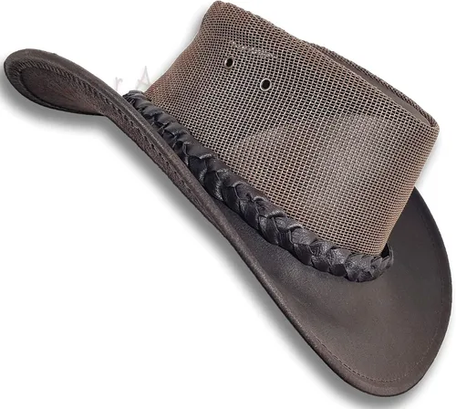 Oztrala Sombrero de cuero de búfalo australiano Outback Western Cowboy Mesh para hombres y mujeres niños Jacaru negro, marrón tostado HLBS HLBB,