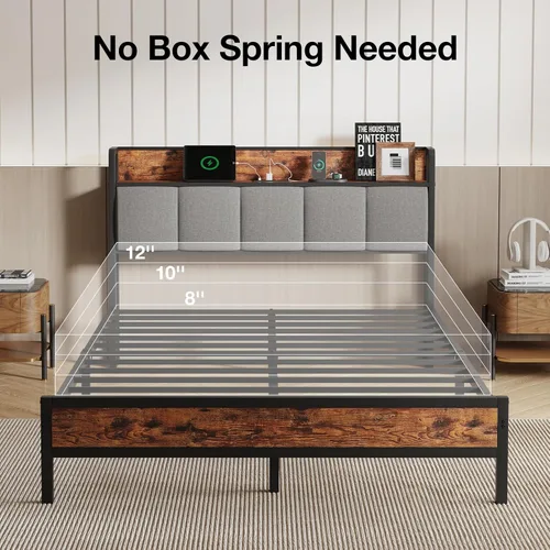 Miniatura 7 de Novilla Base de cama Queen con estación de carga USB/tipo C y cabecera de almacenamiento, marco de cama de plataforma de metal moderno, fácil
