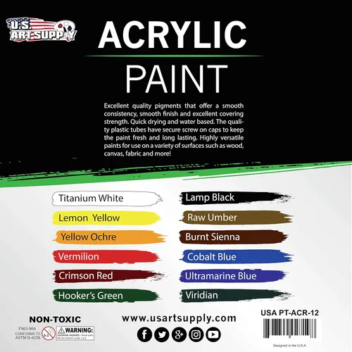 Miniatura 3 de U.S. Art Supply Juego de pintura acrílica profesional de 12 colores en tubos de 0.4 fl oz, pigmentos ricos en colores vivos para artistas