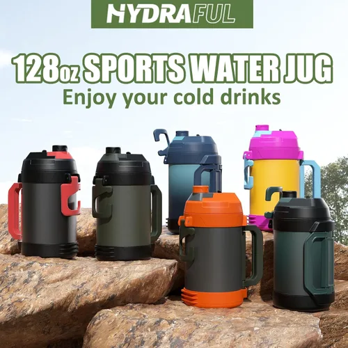 Miniatura 6 de Hydraful - Jarra de galón, botella de agua grande de acero inoxidable con aislamiento al vacío de triple pared de 128 onzas, botella de agua grande