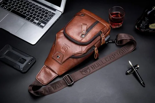 Miniatura 6 de BULLCAPTAIN Bolso bandolera de cuero para hombre, bolsa cruzada de viaje, mochila de senderismo con puerto de carga USB, varios bolsillos
