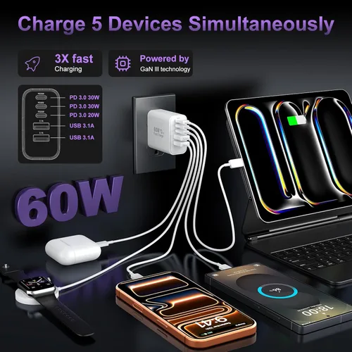 Miniatura 3 de Bloque de cargador de pared rápido USB C, paquete de 2 cubos de carga USBC de 60 W, adaptador de corriente PD+QC de 5 puertos ladrillo multipuerto
