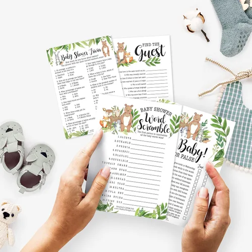 Miniatura 2 de Hadley Designs 25 Woodland Word Scramble para baby shower, 25 juegos verdaderos o falsos, 25 juegos de trivia, 25 Find the Guest - 4 tarjetas