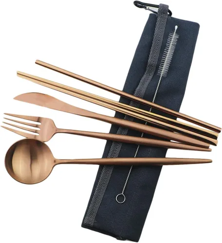Miniatura 20 de Utensilios de viaje reutilizables, 7 piezas portátiles de acero inoxidable 304, incluyendo cuchillo, tenedor, cuchara, palillos, cepillo