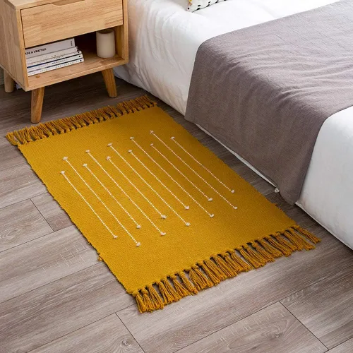 Alfombra bohemia geométrica mostaza, 2 x 3 pies, color amarillo, lavable a máquina, antideslizante, pelo bajo, algodón tejido a mano