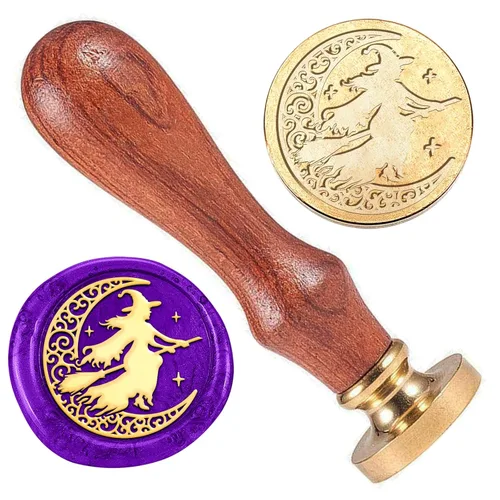 Sello de sellado de cera de Halloween de bruja, sello de cabeza de latón de luna creciente de 1 pulgada con mango de madera, sello de cera de