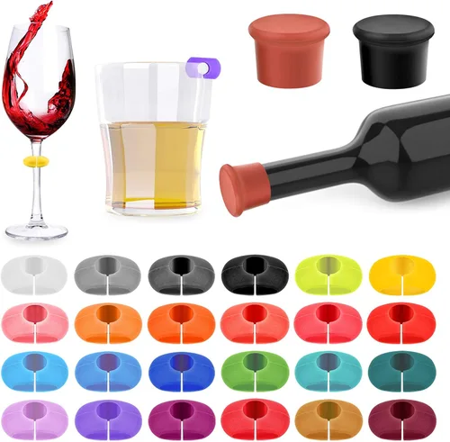 Lasiyanor 26 etiquetas de dijes para copas de vino con tapón de botella, marcadores de silicona para copas de vino para bar, fiesta, martinis,