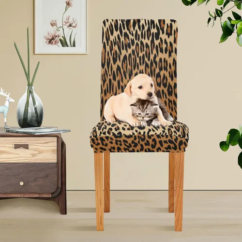 Miniatura 5 de Juego de 2 fundas elásticas para sillas de comedor con estampado de leopardo a la moda, fundas para sillas de cocina lavables, protector de asiento