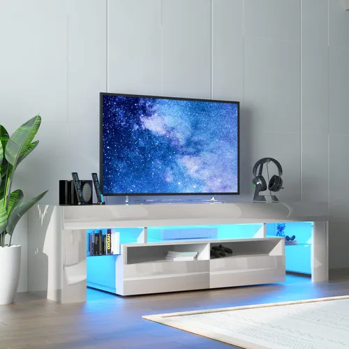 Miniatura 3 de Squireewo Soporte de TV con luces LED de 16 colores, consola multimedia con cajón y estante abierto de vidrio para TV de 60/65/70 pulgadas, centro