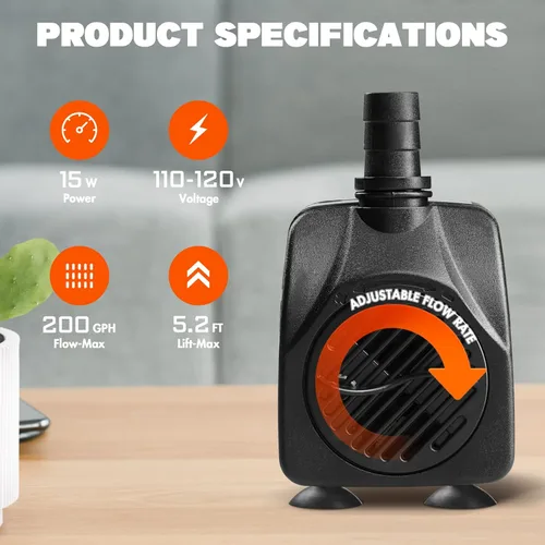 Miniatura 5 de Simple Deluxe Bomba de agua sumergible de 200 GPH (760 L/H, 15 W) con entrada ajustable, elevación de 5.2 pies de alto, 2 boquillas, perfecta