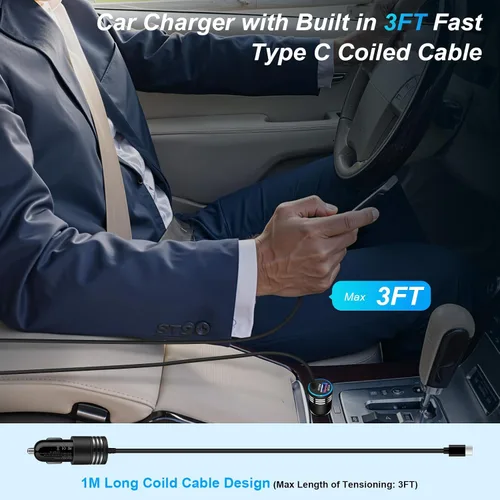 Miniatura 6 de Cargador de Coche Súper Rápido de 48W USB C Adaptador de Coche Rápido Android con Cable de Carga Rápida Tipo C de 30W Integrado para Samsung Galaxy