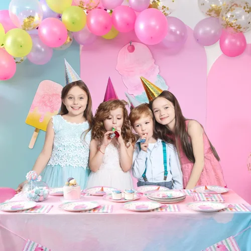 Miniatura 7 de WERNNSAI Suministros para fiestas de helados, desechables de 3 capas, con temática de helado dulce rosa, para cumpleaños o baby shower, almuerzo