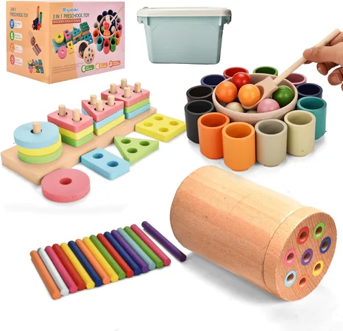 Juguetes Montessori para niños de 1 a 3 años, juguete educativo de 3 en 1 de madera para habilidades motoras finas, juguete de clasificación de