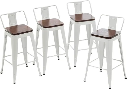 Miniatura 11 de Taburetes de bar de metal con respaldo, juego de 4 taburetes de altura de encimera de cocina con asiento de madera de 24 pulgadas, negro mate