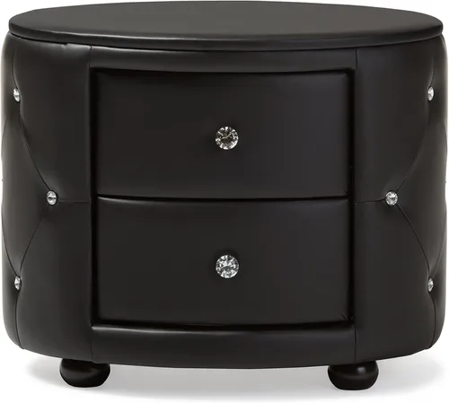 Miniatura 3 de Baxton Studio Davina Hollywood Glamour Style - Mesita de noche ovalada tapizada de piel sintética con 2 cajones, tamaño mediano, color negro