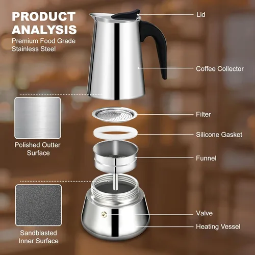 Miniatura 4 de olla de 6 tazas para preparar espresso en la estufa, cafetera moka de acero inoxidable, percolador para estufa, cafetera italiana, capaz de preparar