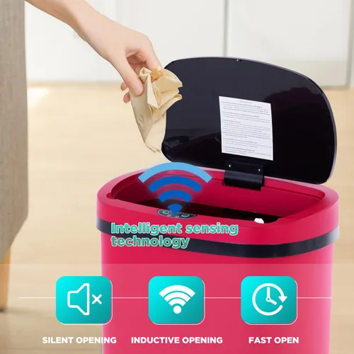 Miniatura 2 de BestOffice Papelera de plástico de 13 galones con tapa Roja Basurero automático sin tacto Control de olores Diseño ovalado moderno Fácil