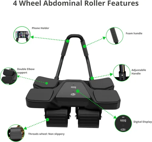 Miniatura 6 de Ab Roller - Equipo de gimnasio en casa – Rodillo muscular de 4 ruedas con pantalla LCD, 5 bandas de resistencia, correas de tobillo, anclaje