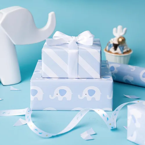 Miniatura 4 de WRAPAHOLIC - Papel de regalo reversible para bebé niño, rollo mini - 17 pulgadas x 33 pies - Lindo diseño de elefante azul, perfecto para baby Bebé