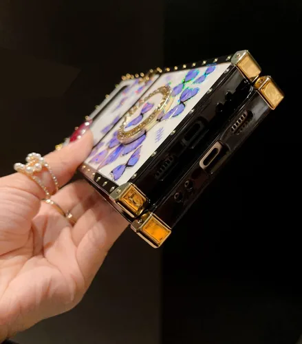 Miniatura 7 de Funda de mariposa con soporte de anillo para Galaxy Z Flip 3 para mujeres y niñas, diseño de caja cuadrada de lujo, diseño de mármol brillante