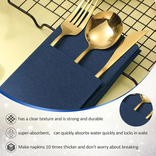 Miniatura 5 de Cindeer 150 piezas de servilletas de cena azul marino con sensación de lino, bolsillo plano incorporado, preplegadas, servilletas de papel 2-Azul