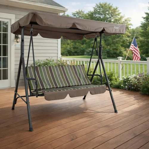 Miniatura 10 de Kozyard Alicia - Silla Columpio para Patio, Cómodos Asientos de 3 Cojines con Marco de Acero Resistente, Toldo Ajustable y Cojín Extraíble, Columpio