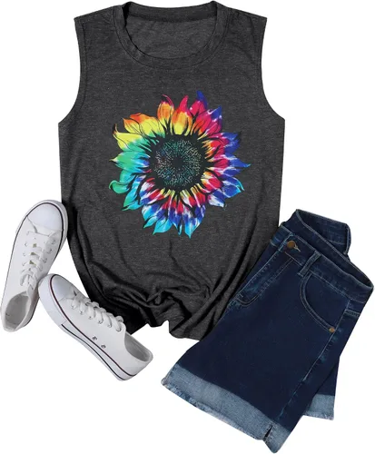 Miniatura 2 de JINTING - Camisetas sin mangas con estampado de girasoles para mujer de verano, camisetas sin mangas, con estampado y estilo bohemio