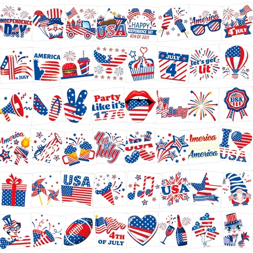 HOWAF 96 tatuajes temporales del 4 de julio, calcomanías de tatuaje del Día de la Independencia para decoración de fiestas temáticas patrióticas de