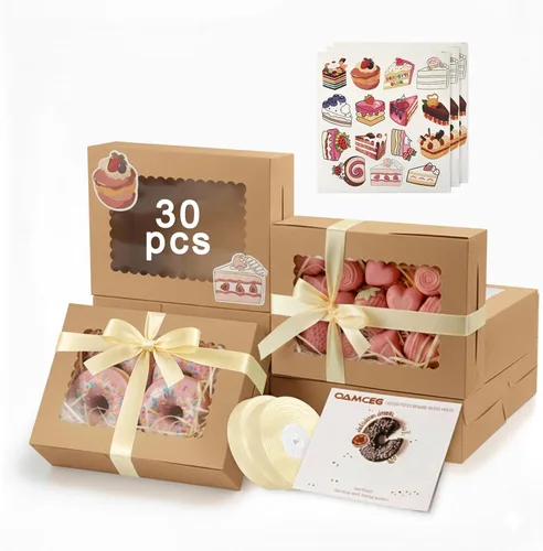 Miniatura 12 de OAMCEG Paquete de 30 cajas de galletas con ventana, 8 x 6 x 2.5 pulgadas, cajas de panadería para regalos de Navidad, postres, donas, pasteles